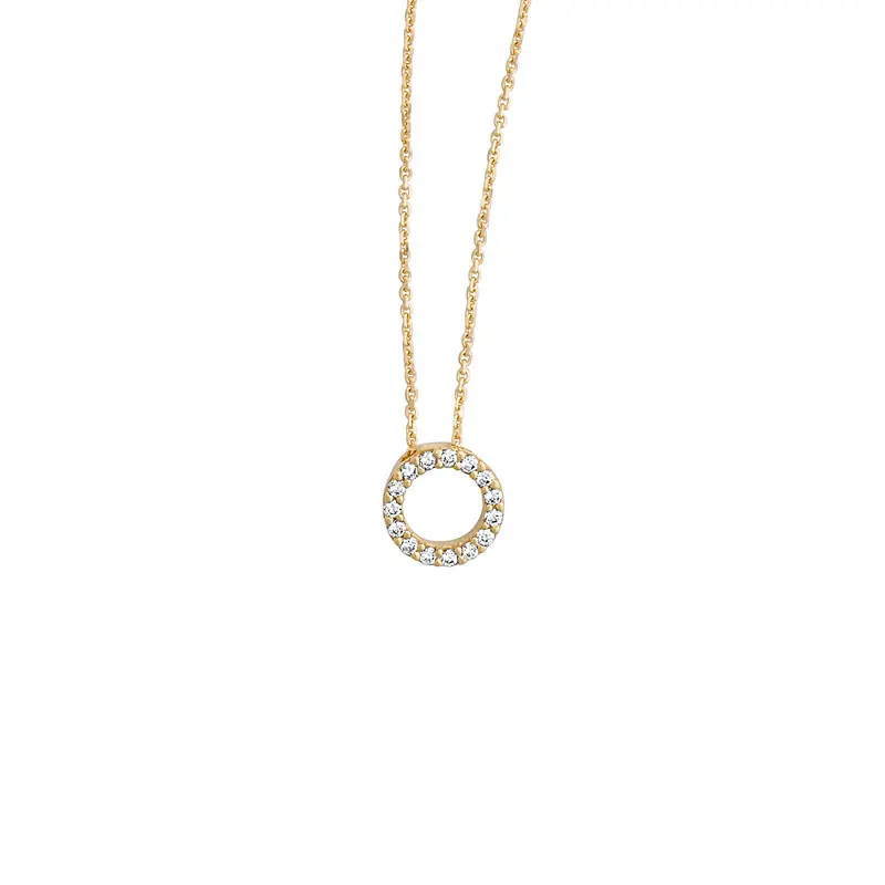 Goud collier met ronde hanger zirkonia. 
Totale draaglengte 42-45 cm