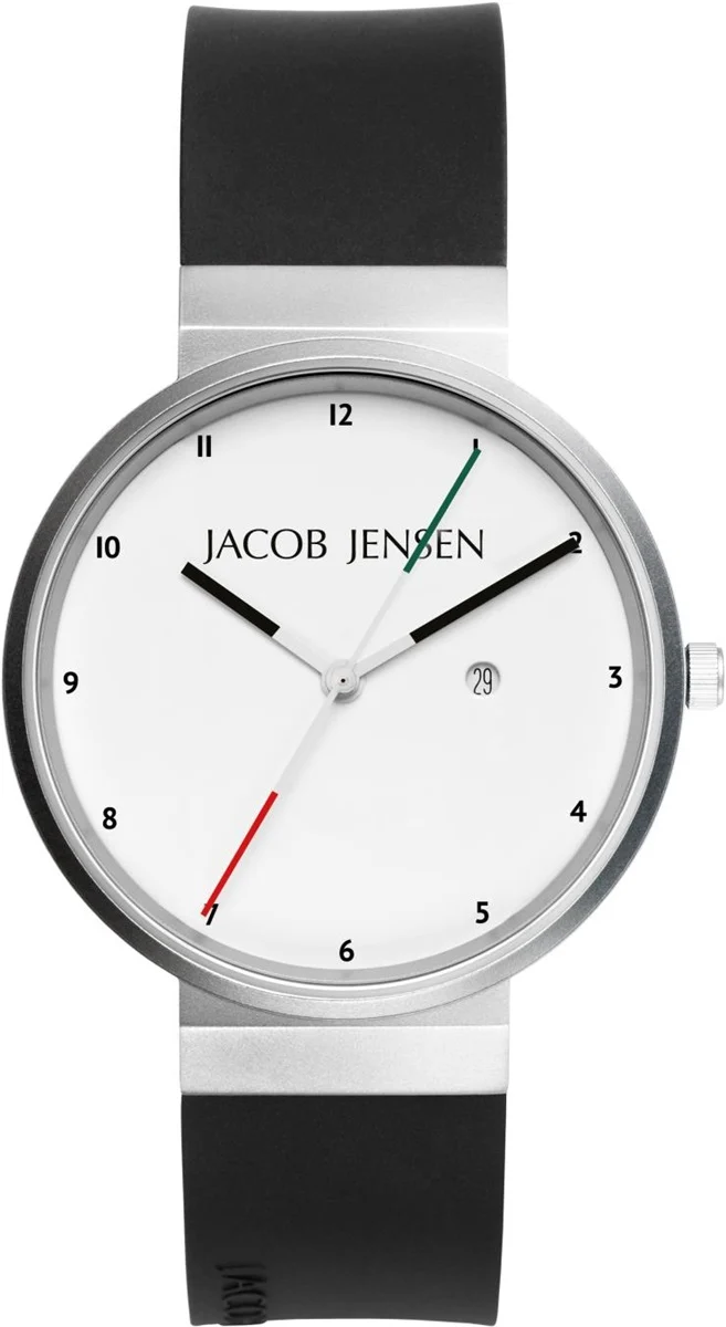 Het Jacob Jensen Heren horloge model 646 combineert elegantie en functionaliteit. Met een zwarte siliconen band, zilverkleurige titanium kast en witte wijzerplaat met cijfer indexen, biedt dit analoge horloge een stijlvolle uitstraling. Het heeft een datumaanduiding, kwartsuurwerk en is waterbestendig tot 5 ATM. Besteed aandacht aan de modieuze ronde vorm en draag het met vertrouwen bij formele en casual gelegenheden.