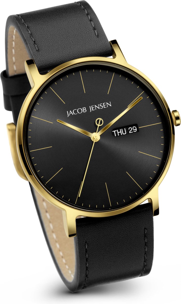 Prachtig horloge met matte goudkleurige kast, zwarte wijzerplaat met datum.