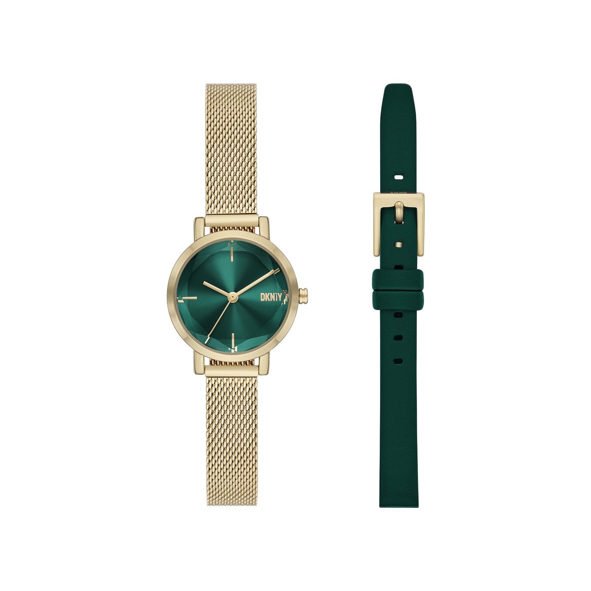 Dit DKNY Soho horloge van 24�mm heeft een groene sunray-wijzerplaat, uurwerk met drie wijzers en een goudkleurig roestvrijstalen mesh bandje dat verwisselbaar is met een groen leren bandje.