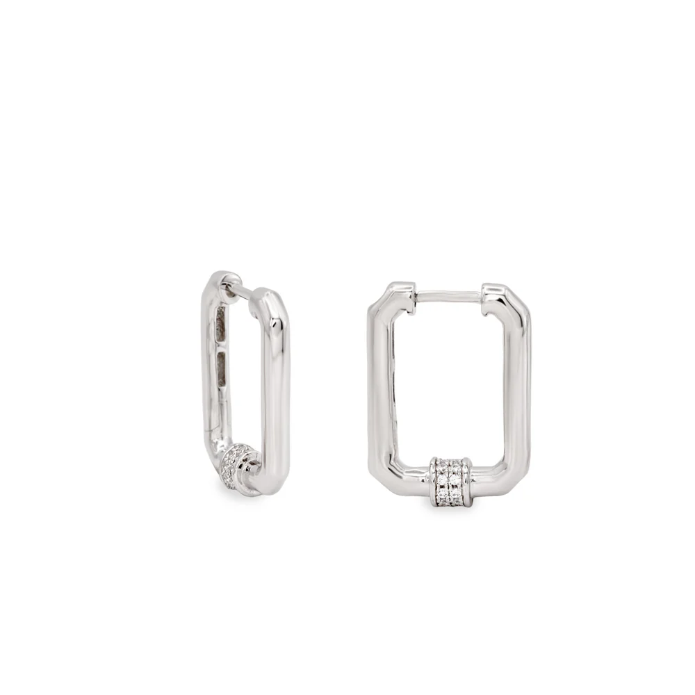 Silver hoop earrings with octagonal rectangle design with zircons for women. An elegant design perfect to crown many of your looks. Silver hoop earrings with octagonal rectangle design and zirconia detail at the bottom