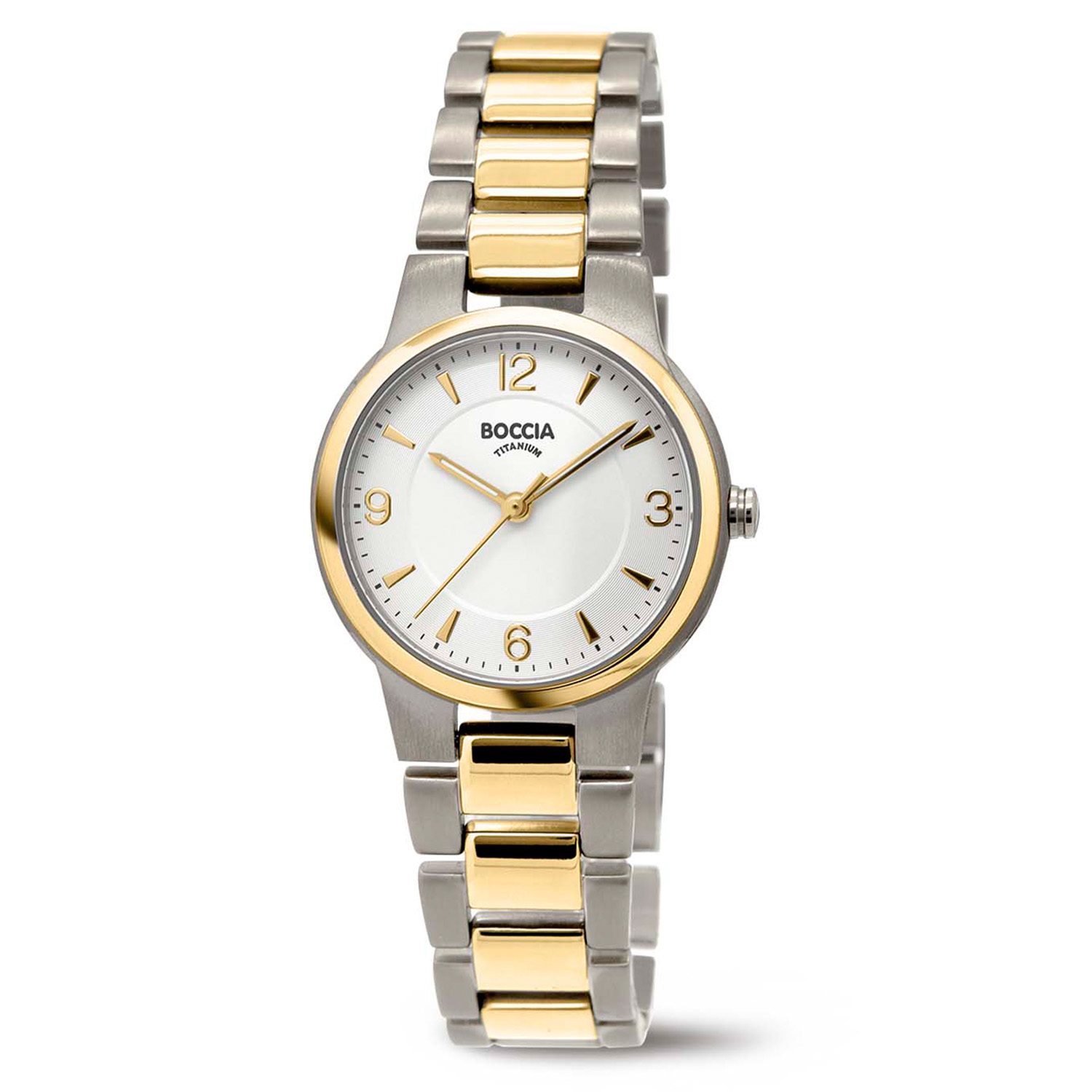 Boccia titanium dames horloge, bicolor band, lichte wijzerplaat.