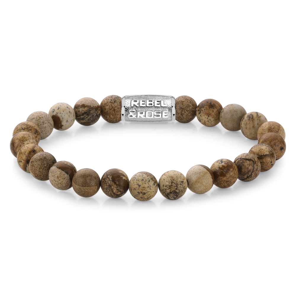 Edelstenen bead armband, handgemaakt van 8mm Lithographic stenen met een zilverkleurige sluiting. Het Rebel & Rose sieraad is makkelijk te combineren met andere zilveren, leren of kralenarmbanden.