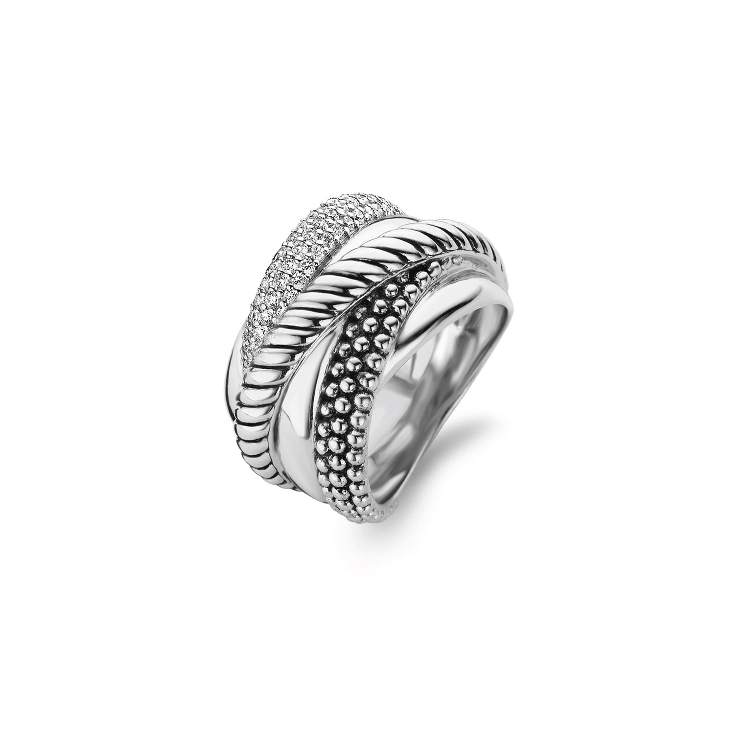 Deze prachtige TI SENTO - Milano ring heeft zes lagen gerhodineerd sterling zilver die over elkaar geplaatst zijn. De verschillende afwerkingen zorgen voor een trendy en elegant ontwerp. Zo is een laagje uitgevoerd in pav� gezette zirkonia's om de ring te laten sprankelen. De gedraaid zilveren laag is naast de voor TI SENTO kenmerkende rhodiumlaag ook voorzien van zwarte oxidatie. Dit om het ontwerp nog meer diepte te geven. Hetzelfde is gedaan bij de zilveren bubbels. Om evenwicht aan te brengen zijn de overige lagen glad afgewerkt. De zichtbare draagkant is zeer breed. Om de ring een hoog draagcomfort te geven is de achterzijde smaller gemaakt. Zo kan de vinger gewoon worden gebogen en is de ring niet te zwaar.