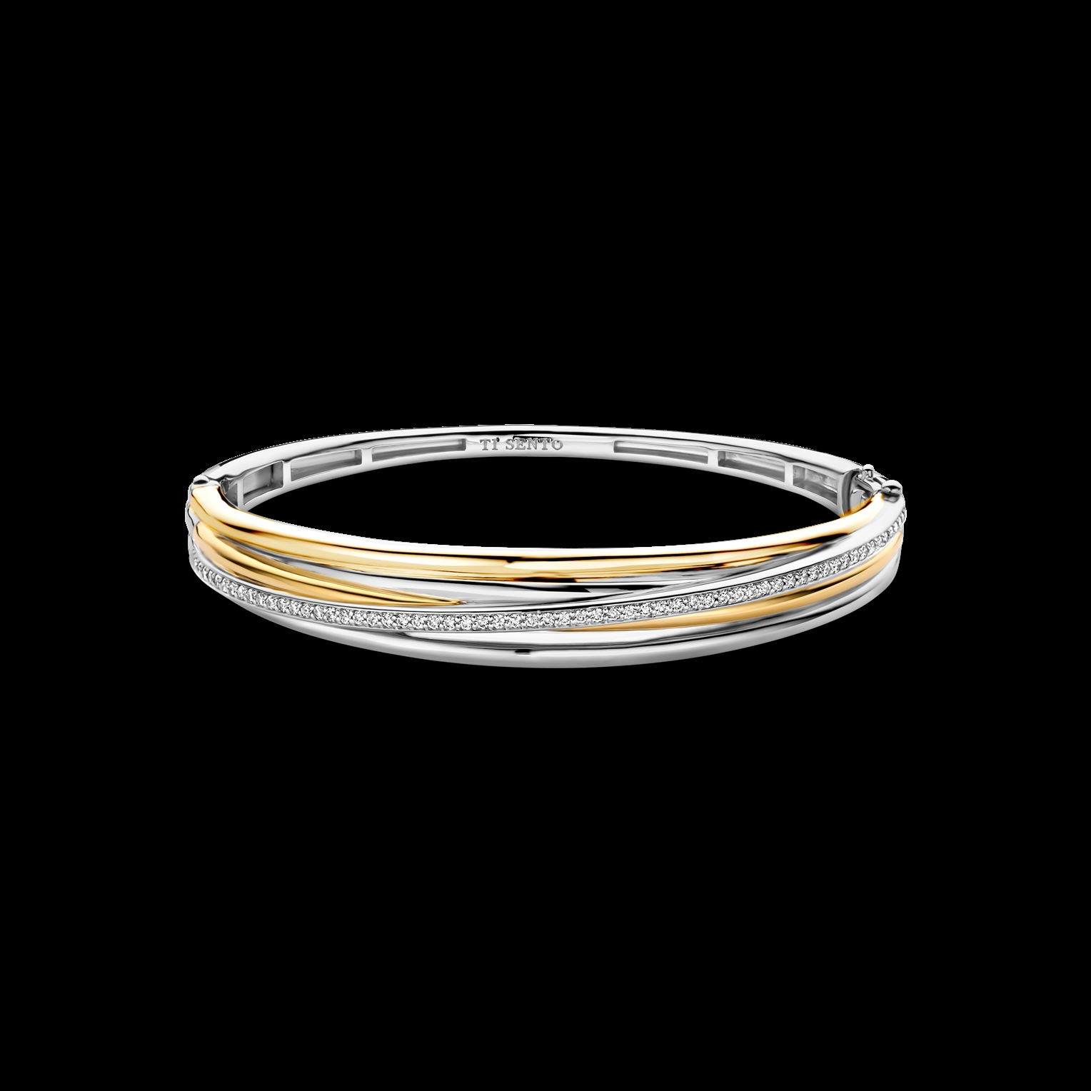 Ti Sento zilver/vergulde bangle, crossover; 2 zilveren banen, 2 vergulde banen, 1 baan zirkonia