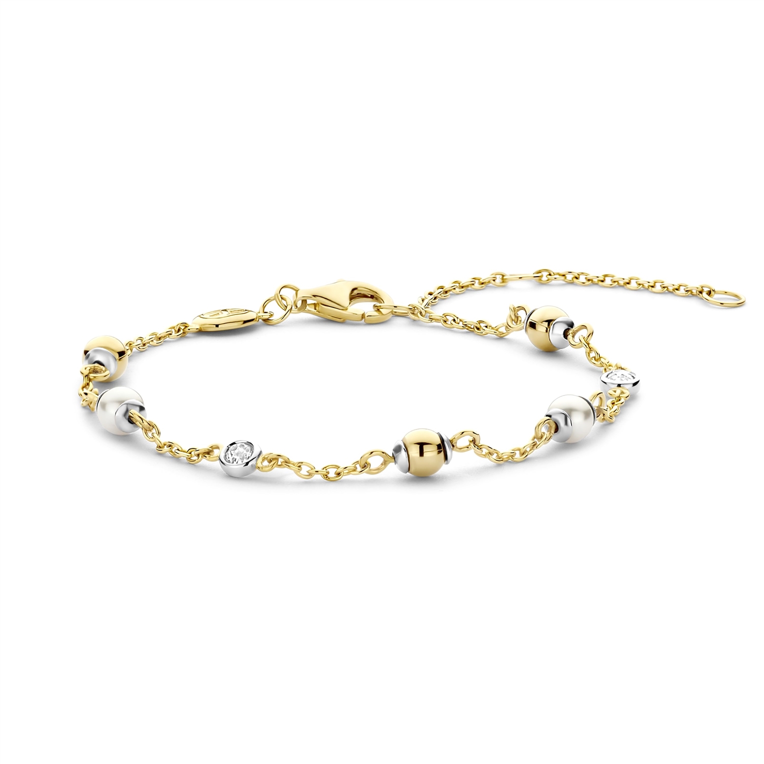 Ti Sento zilver/vergulde armband met ertussen zilveren en vergulde bolletjes en zirkonia