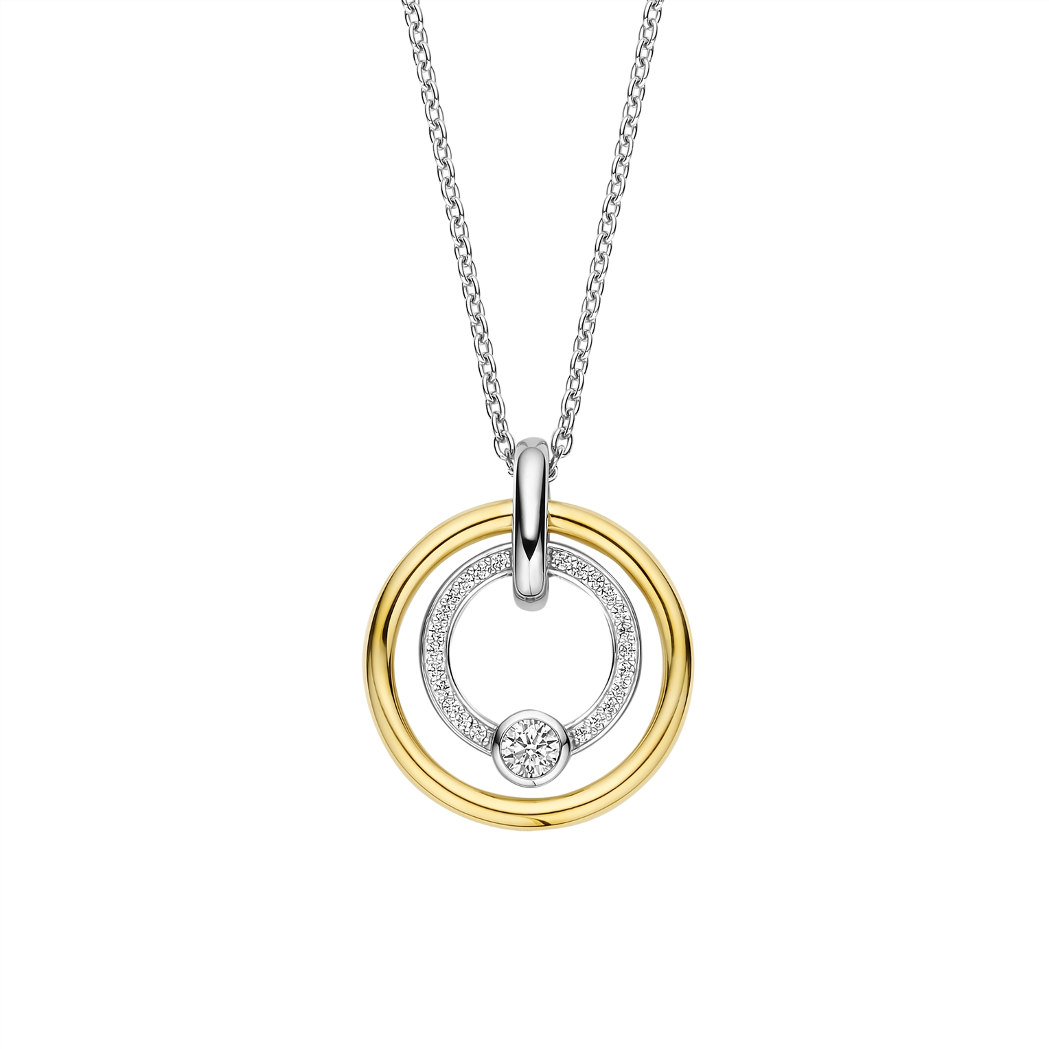 zilveren Ti Sento collier, bicolor 2 rondjes+cz