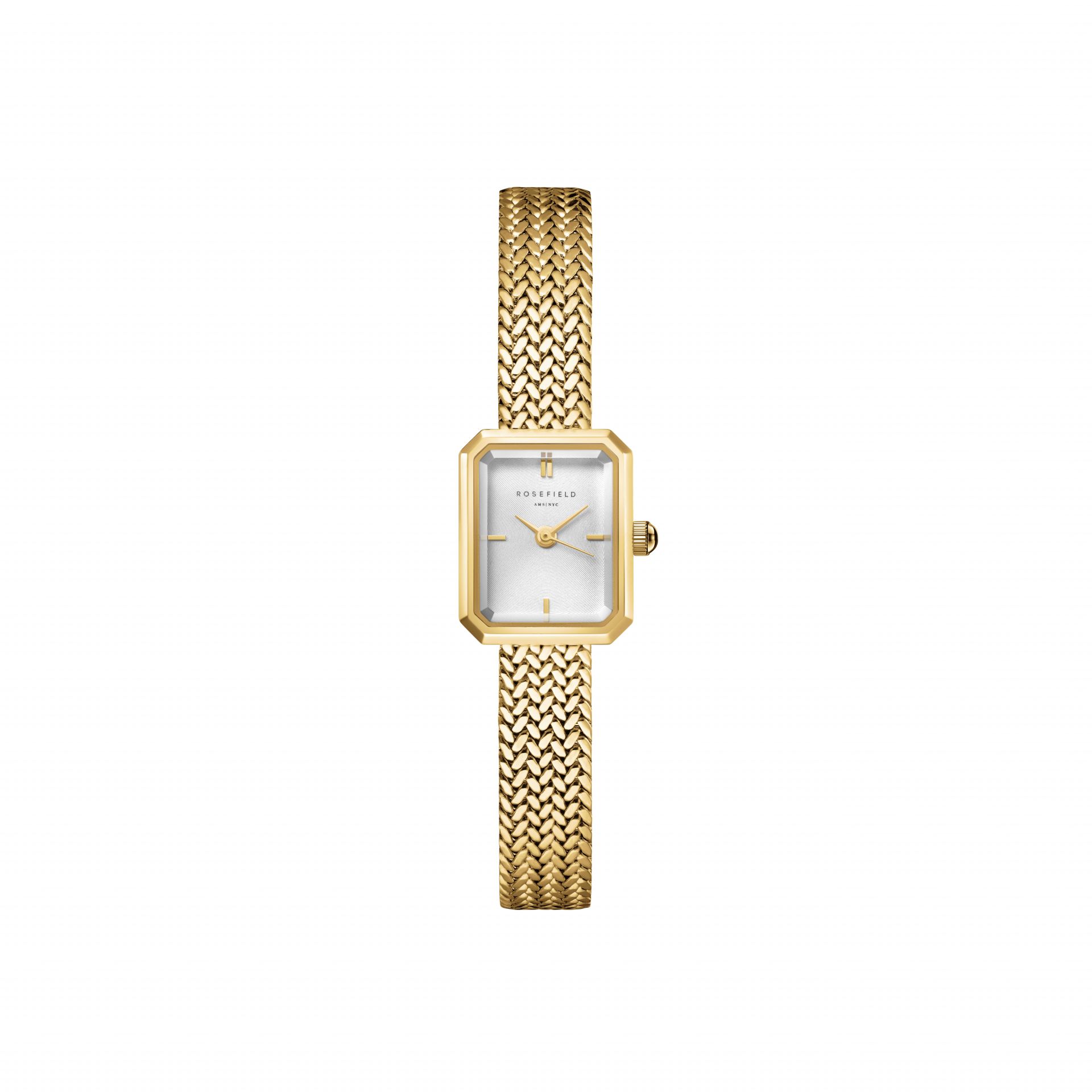 Dit Rosefield horloge uit de Minis-serie, model Octagon, straalt elegante eenvoud uit. Het geheel giy design met een achthoekige kast van 15 x 18,5 mm en een slanke, 8 mm brede mesh band van staal zorgt voor een verfijnde uitstraling. De witte wijzerplaat, beschermd door mineraalglas, biedt helder contrast. Met 3 ATM waterdichtheid is dit horloge stijlvol en geschikt voor dagelijks gebruik.