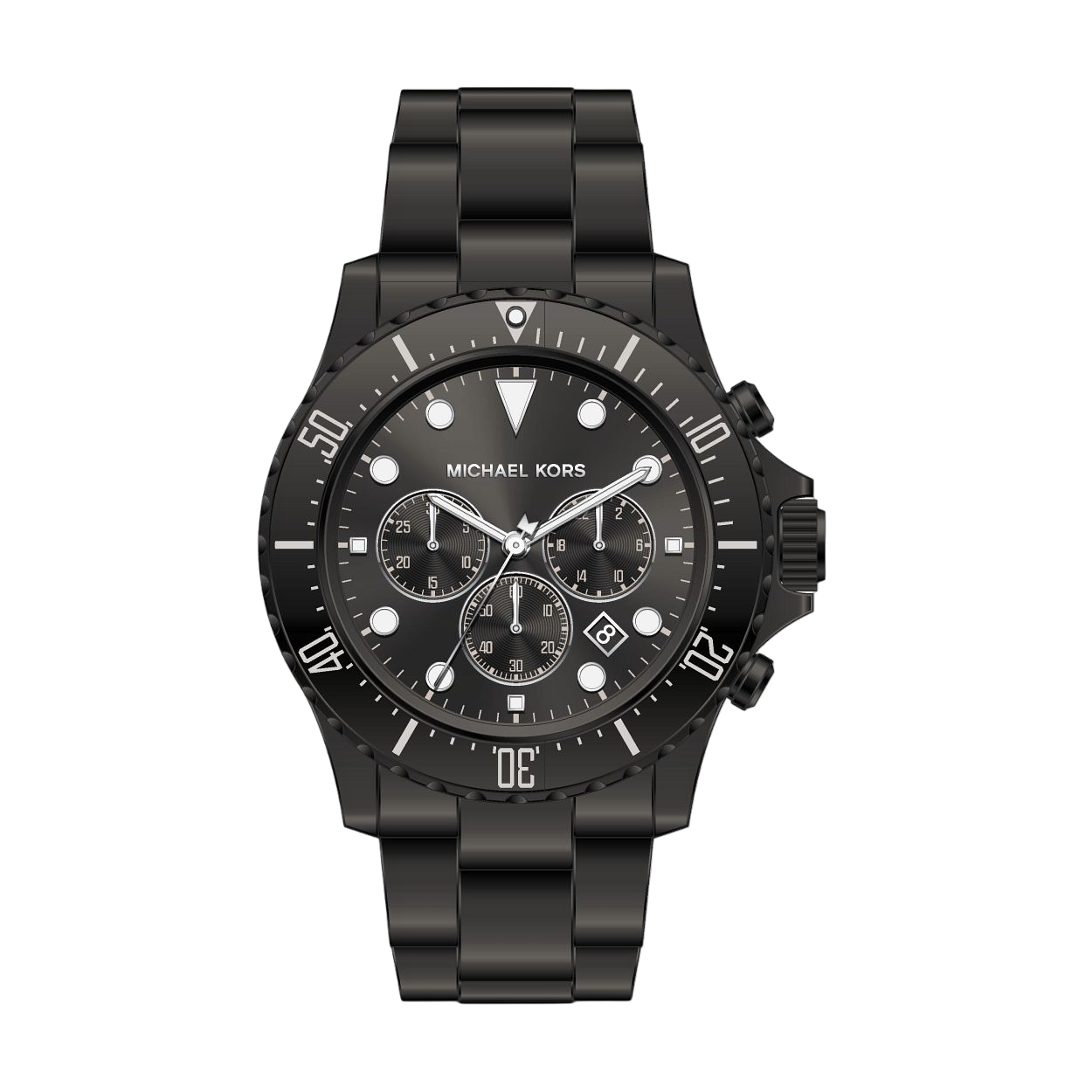 Herintroductie: onze Everest voor heren. Terug en beter dan ooit. Dit chronograaf horloge van 45mm heeft een zwarte roestvrijstalen armband volledig omwikkeld in siliconen schakels voor ultiem comfort en stijl.