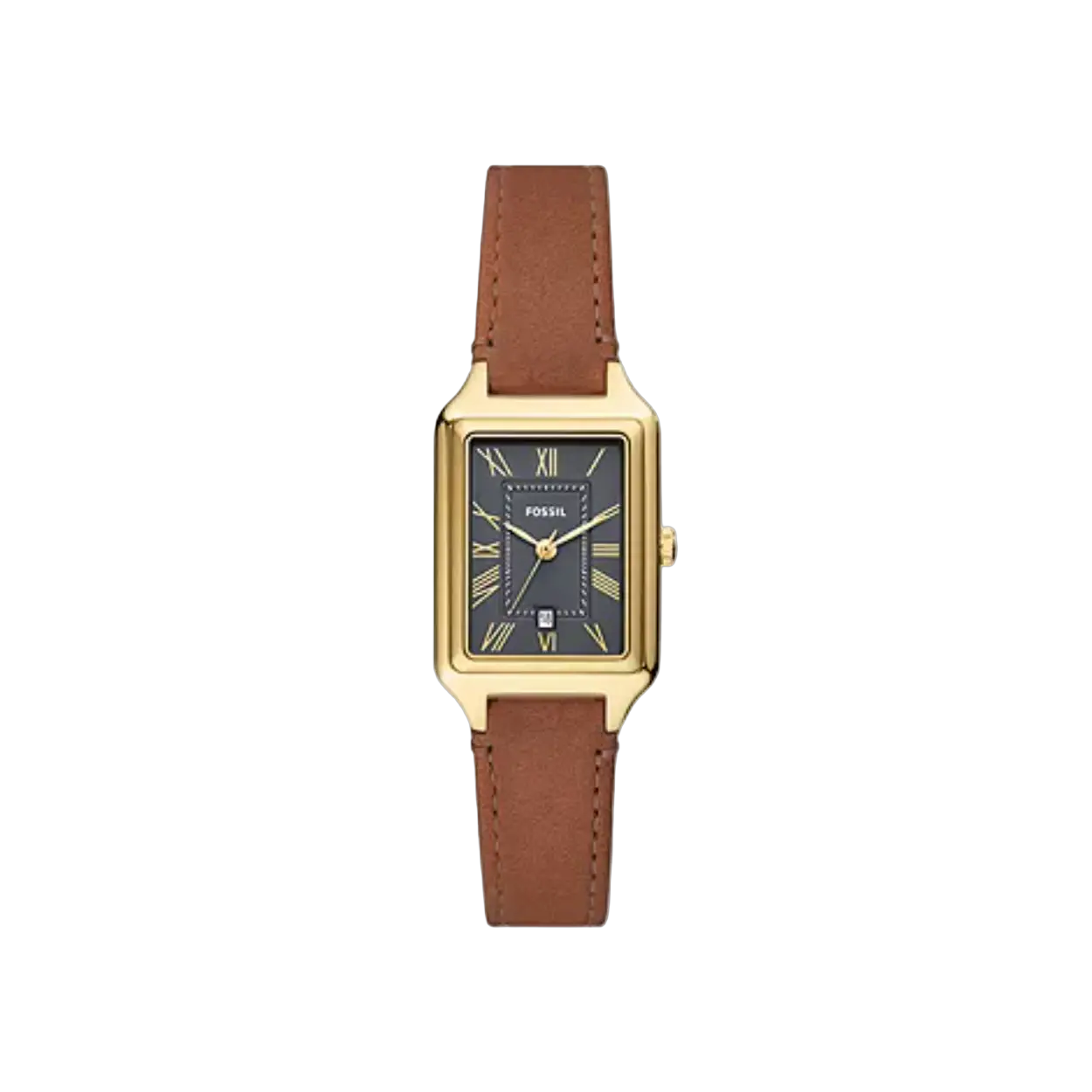 Dit Fossil horloge, uit de Raquel collectie, heeft een bicolor stalen kast en een bruine LiteHide™ leren band. De wijzer[plaat is antraciet met goudkleurige indexen en wijzers