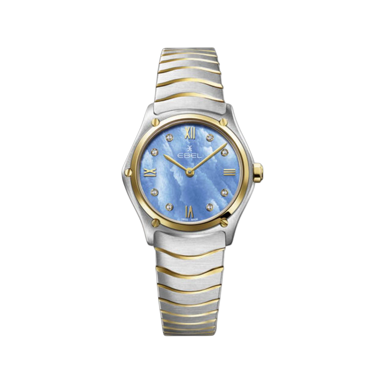 Dames EBEL Sport Classic, roestvrijstalen en 18K geelgouden kast Ø 29 mm, rustige blauwe parelmoer wijzerplaat met toegepaste Romeinse cijfers en 8 diamanten (0,052 ct), saffierglas met antireflectiebehandeling aan de onderkant, tweekleurige roestvrijstalen golfschakelarmband met vouwsluiting, Zwitsers quartz uurwerk, waterdicht tot 5 bar