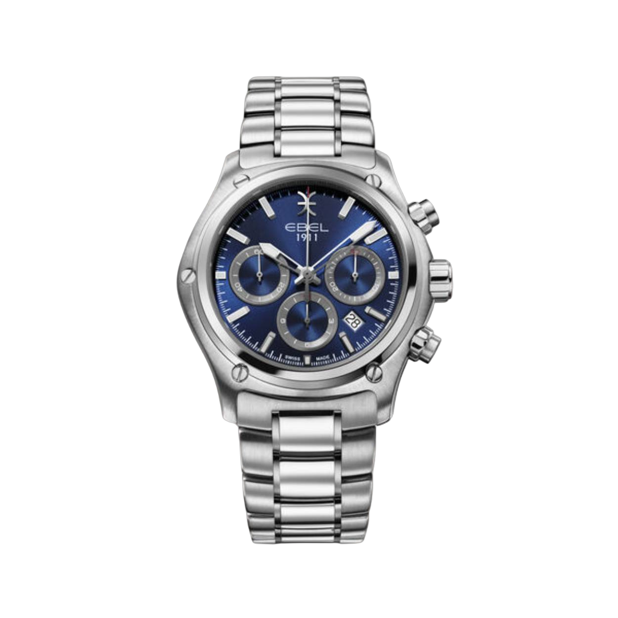 Stalen heren horloge EBEL 1911,  Ø 44mm, blauwe galvanic wijzerplaat, Swiss automatic chronograaf  water-resistant 10 atm geleverd met extra zwart leren band.