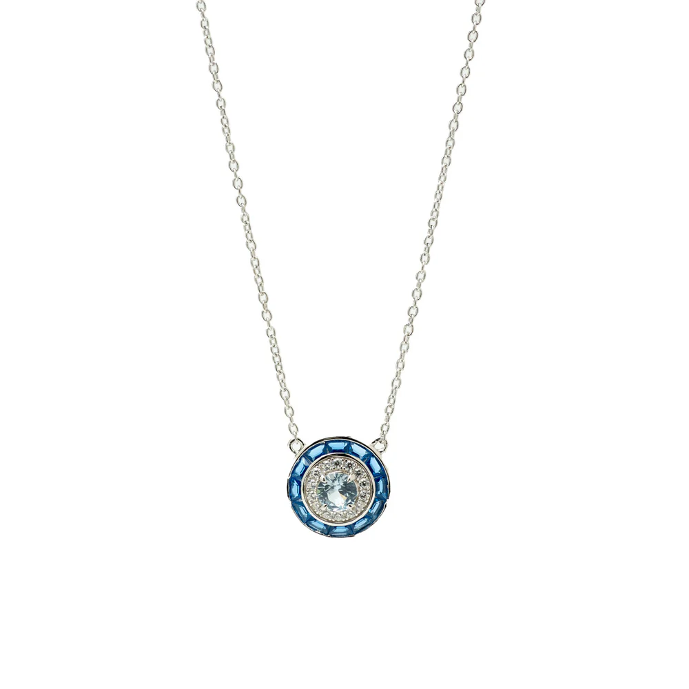 Necklaces with stones circular design blue tone. Design formed by a circle with princess cut azurite gemstones and a chalcedony gemstone surrounded by white zirconia. An ideal pendant to wear with earrings and matching ring and give a touch of color to your looks. You will dazzle.