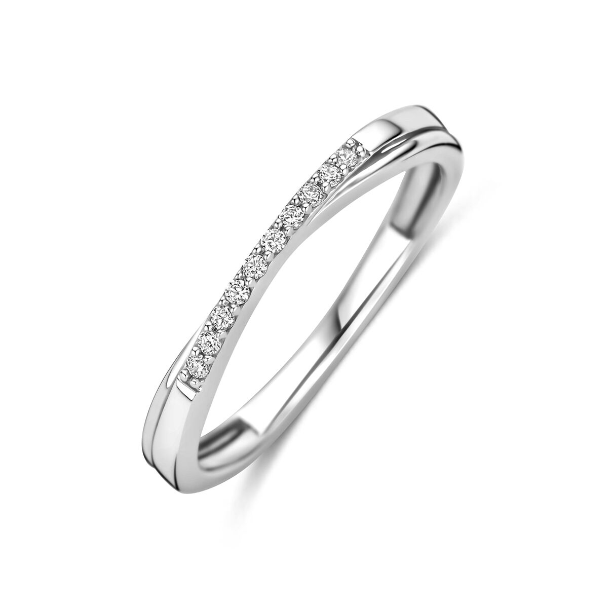 Zilveren ring, crossover waarvan 1 baan met zirkonia