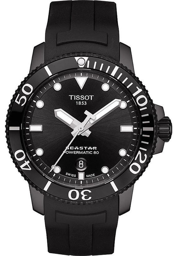 De Tissot Seastar 1000 Powermatic 80 Black Automatic Dive Watch, modelnummer T1204073705100, heeft een roestvrijstalen kast van 43 mm, een zwarte band en een datumfunctie. Deze duikhorloge is ideaal om zowel casual als sportief te dragen, perfect voor de avontuurlijke drager die stijl en functionaliteit waardeert. 