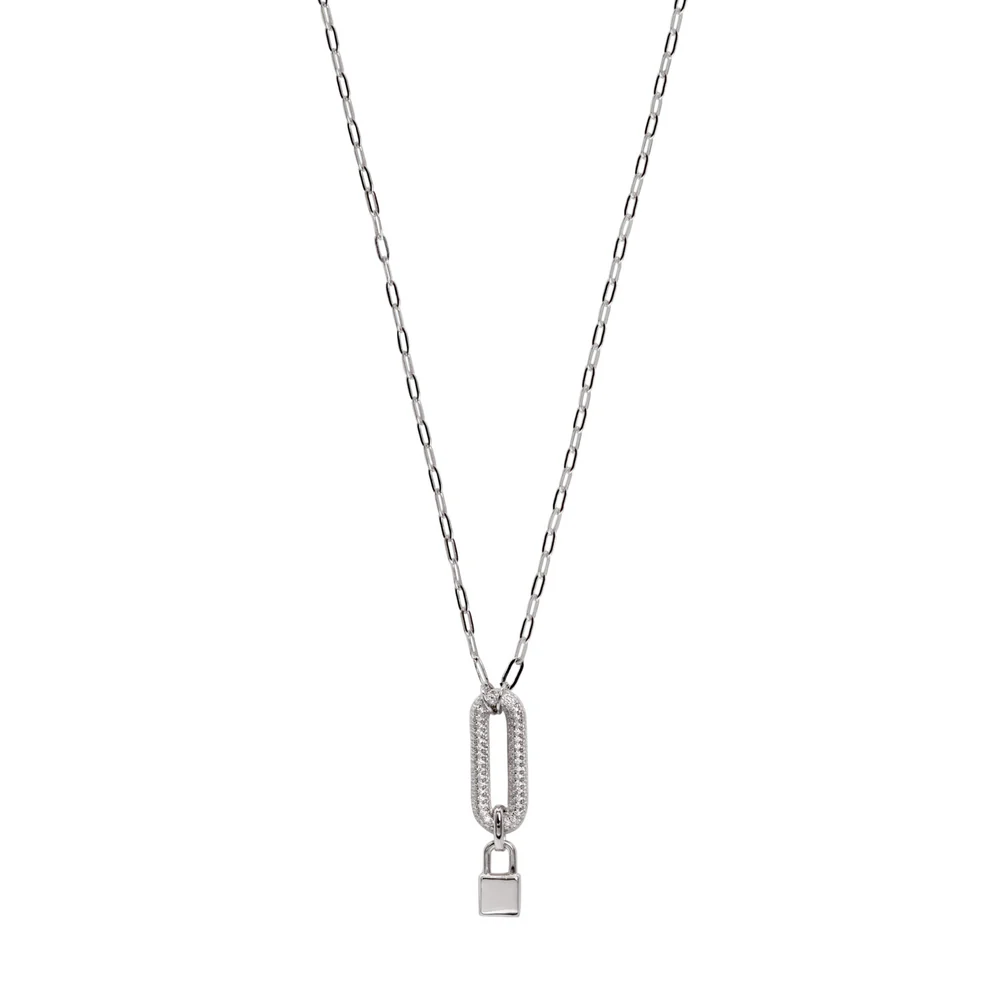 Silver necklace with zircons and padlock motif, symbolizing love, security and style. The delicate chain is complemented by a padlock adorned with zircons, creating a modern and brilliant design. Perfect for those looking for an accessory with a touch of symbolism and elegance, ideal for everyday wear or special occasions. Made in high quality silver, this necklace offers durability and a sophisticated finish. A unique and charming detail that adds a touch of distinction to your look.