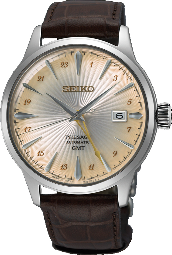 Dit horloge maakt deel uit van een nieuw trio Seiko horloges, Presage's eerste Cocktail Time-horloges met GMT-functie.

De Seiko Presage Cocktail Time-horloges zijn geïnspireerd op de Japanse cocktailcultuur en specifieke drankjes uit de Star Bar in de chique wijk Ginza in Tokio. De 'Acacia' cocktail heeft een zoete en verfrissende smaak gemixt met gin, benedictine en een vleugje Kirsch, afgewerkt met een garnering van citroen.

De wijzerplaat van het gegradueerde honinggele 'Acacia' dress horloge met zijn zonnestraalreflecties is ontworpen om te lijken op het uitzicht door een cocktailglas. De GMT wijzer is geïnspireerd op de steel van een cocktailglas, terwijl de tweede wijzer een cocktailroerder aangeeft met zijn elegante handvat. Samen met de Arabische cijfers op elke index volgt dit uurwerk twee tijdzones tegelijkertijd. Met haarscherpe markeringen en wijzers in Dauphine-stijl, heeft dit horloge een datumfunctie op 3 uur voor extra gebruiksgemak en wordt het geleverd met een bruine leren band.

Het wordt aangedreven door een intern 4R34 GMT kaliber, met een gangreserve van 41 uur.