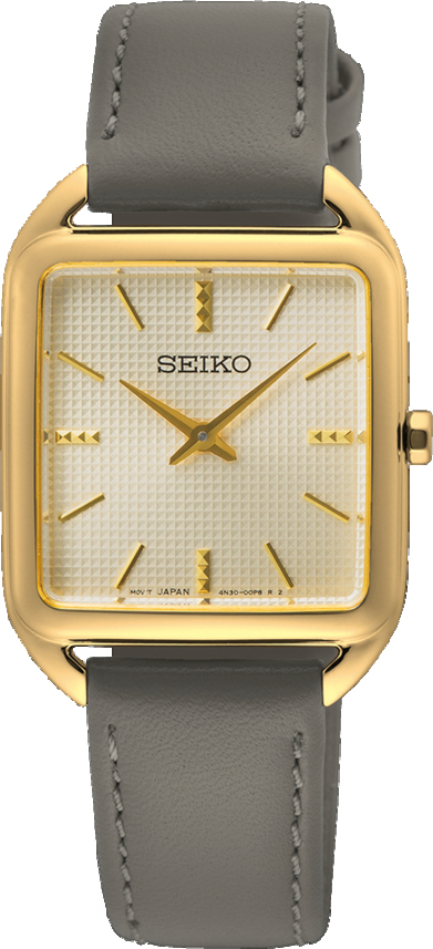 Dit is een dameshorloge van het merk Seiko. Het is een analoog horloge gemaakt van staal. De diameter van de kast is 26 mm en de kast is 6.38 mm dik.
De verdere specificaties van het horloge zijn als volgt:
Kastvorm: tonneau
Kastkleur: goudkleurig
Kastmateriaal: staal
Bandbreedte: 15 mm
Bandlengte: 216 mm
Sluiting: gesp
Wijzerplaatkleur: crème
Glassoort: hardlex mineraal glas
Waterdichtheid: 5 ATM
Techniek: quartz