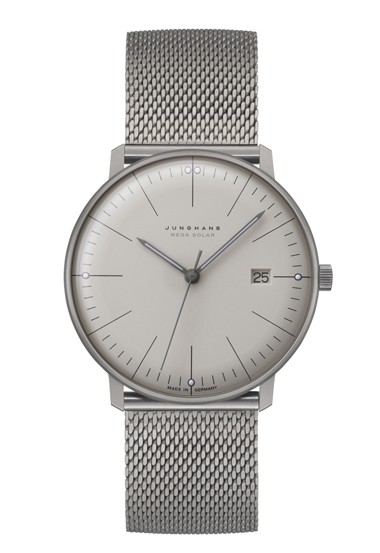 De Junghans | Max Bill Mega Solar (model 59/2022.46) is een horloge met een grijze titanium Milanese band en beige ronde kast. Voorzien van saffierglas, analoge aanduiding, datumfunctie en solarbeweging. Waterdicht tot 5 ATM en nikkelvrij. Draag deze elegante polshorloge dagelijks voor een stijlvolle en milieuvriendelijke uitstraling. Geschikt voor elke gelegenheid.