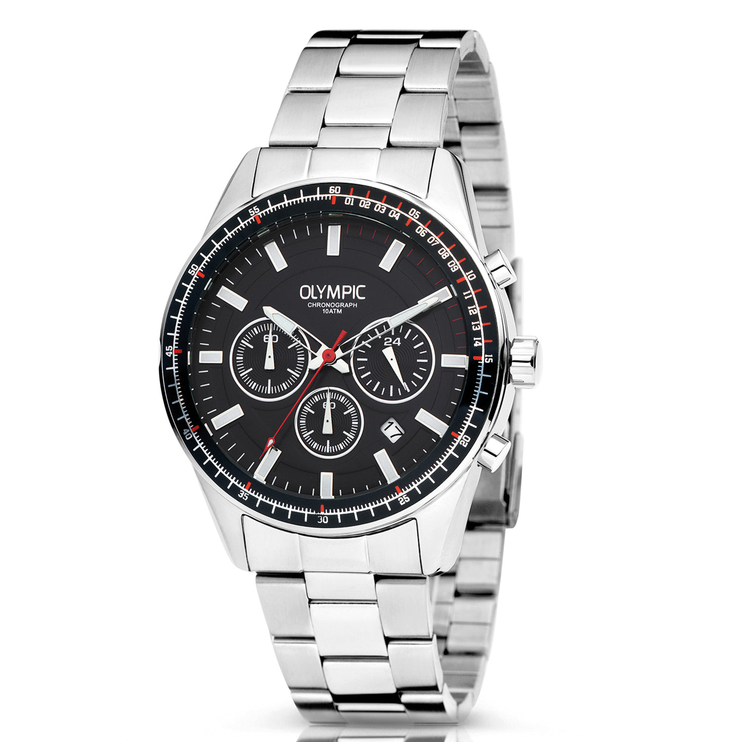 Olympic OL72HSS287 MASON Horloge - Staal -Bracelet - Zwart - 44mm 
Dit unieke Olympic horloge met artikelnummer: OL72HSS287 is een herenhorloge met chronograaf en heeft een sportieve uitstraling. De stalen kast heeft een zwarte bewerkte bezel en een zwarte wijzerplaat met een datum en chronograaf. De uursaanduiding is opvallend door de lumibrite strepen en wijzers. De rode accenten geven het horloge een sportief uiterlijk. Aan de stalen kast zit een stalen schakelband met een vouwsluiting. Het horloge heeft een mineraalglas, een doorsnee van 44mm en is 10ATM.

Waterdichtheid 10ATM
Dit horloge is bestand tegen water bij het zwemmen en douchen. Dit horloge is niet bestand tegen (grote) waterdruk dus je kunt er niet mee duiken.

Het merk:
Het Nederlandse horlogemerk Olympic levert stoere chronografen, slimline series, digitale uurwerken en elegante dameshorloges. De prijs-kwaliteitverhouding staat bij Olympic hoog in het vaandel met prijzen die uiteenlopen van € 34,95 tot en met € 159,00.

100% Nederlands ontwerp, waterdicht en standaard 3 jaar fabrieksgarantie.

Specificaties:
- Ronde kast Ø 44mm
- Zilverkleurige stalen horlogekast
- Zwarte wijzerplaat
- Stalen schakelband
- 10ATM 
- Standaard 3 jaar fabrieksgarantie
- Mineraalglas