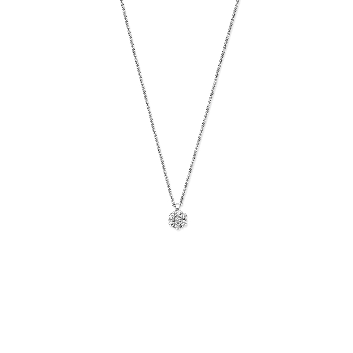 Gerhodineerd 925 zilveren collier uitgevoerd met zirkonia. Het collier heeft draaglengtes van 41-43-45cm. Uitgevoerd met karabijnsluiting.