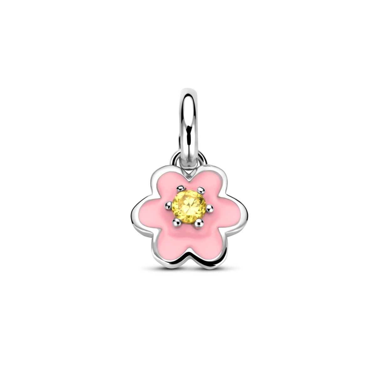 Gerhodineerd 925 zilveren hanger uitgevoerd in de vorm van een emaille bloem met een schitterende gele zirkonia. De hanger heeft een afmeting van 12x8mm.