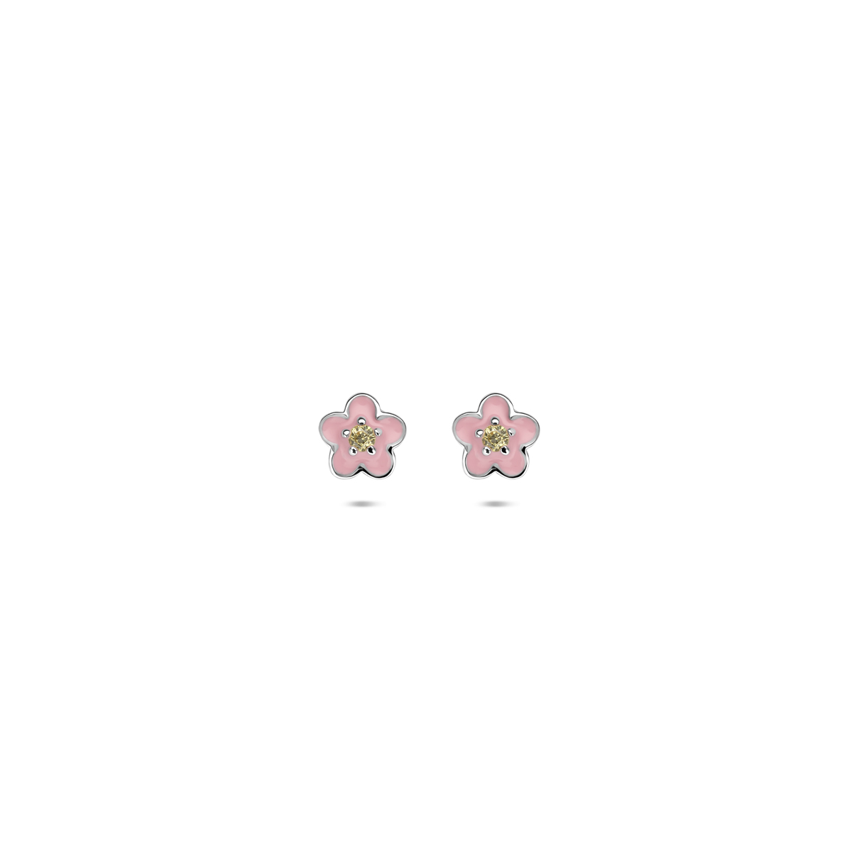 Gerhodineerd 925 zilveren oorknoppen uitgevoerd in de vorm van een emaille bloem met een schitterende gele zirkonia. De oorknoppen hebben een diameter van 5mm.