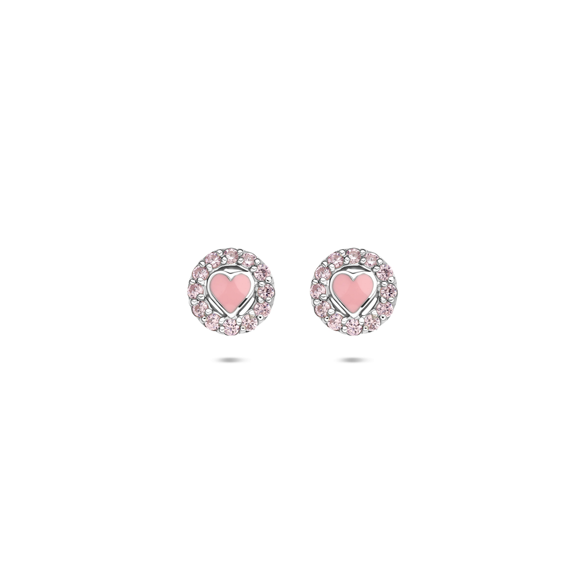 Gerhodineerd 925 zilveren oorknoppen uitgevoerd in de vorm van een emaille hart met een schitterende roze zirkonia. De oorknoppen hebben een diameter van 7mm.