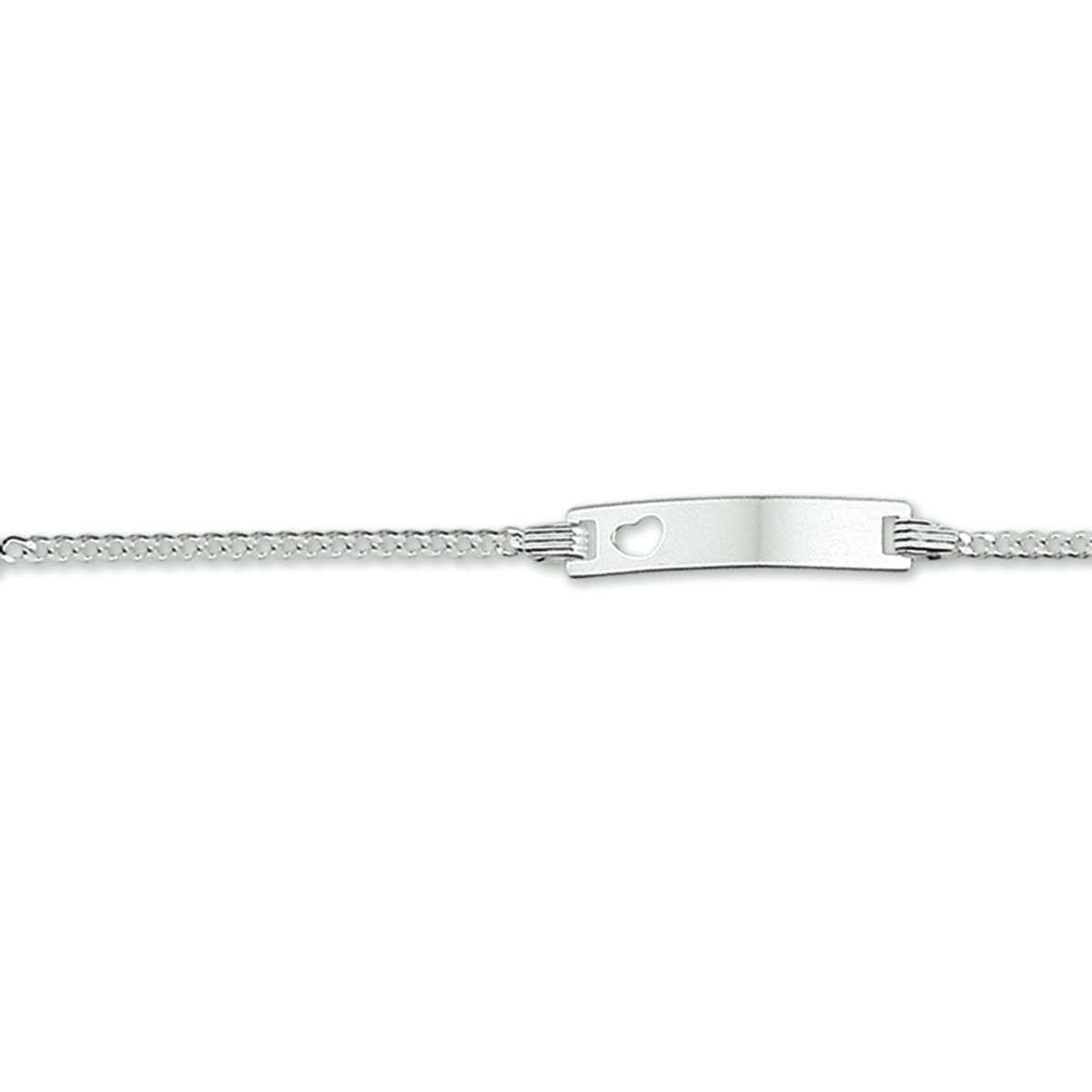 Zilveren graveerarmband met een gestanst hartje. De lengte bedraagt 11cm met 2cm extensie. De breedte van de graveerplaat bedraagt 4.2mm.