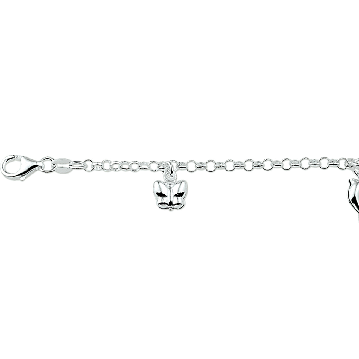 Zilveren armband met 3 bedels. 
Doelgroep: kinderen
Langste lengte: 15 cm