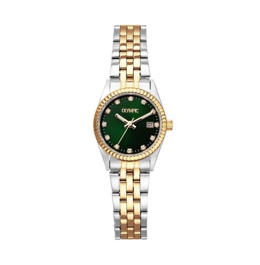 Olympic Dameshorloge OL75DSD002B is een elegant horloge met een roestvrijstalen kast en band in goud-zilverkleur. Het groene analoge wijzerplaat met strepen is versierd met sierdiamanten. Het heeft een mineraalglas, een datumaanduiding en is tot 5 ATM waterdicht. Perfect voor dagelijks gebruik of speciale gelegenheden. Draag het om je pols voor een stijlvolle uitstraling.