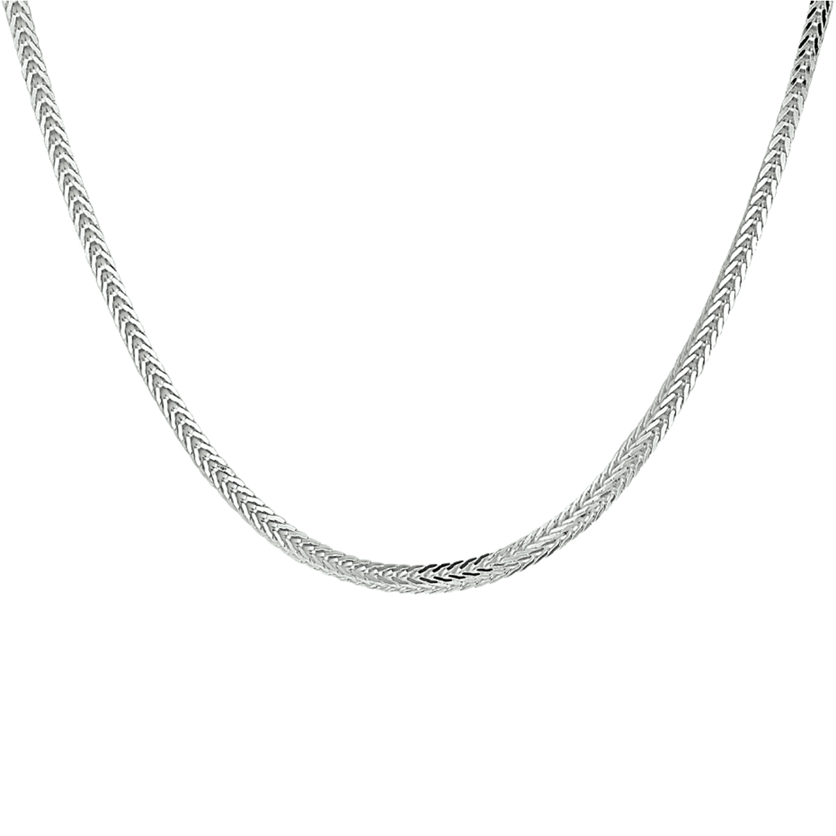 Zilveren lengte artikel met een vossestaart schakel. Het lengte artikel heeft een schakelbreedte van 2.5mm. Uitgevoerd met een karabijn sluiting.