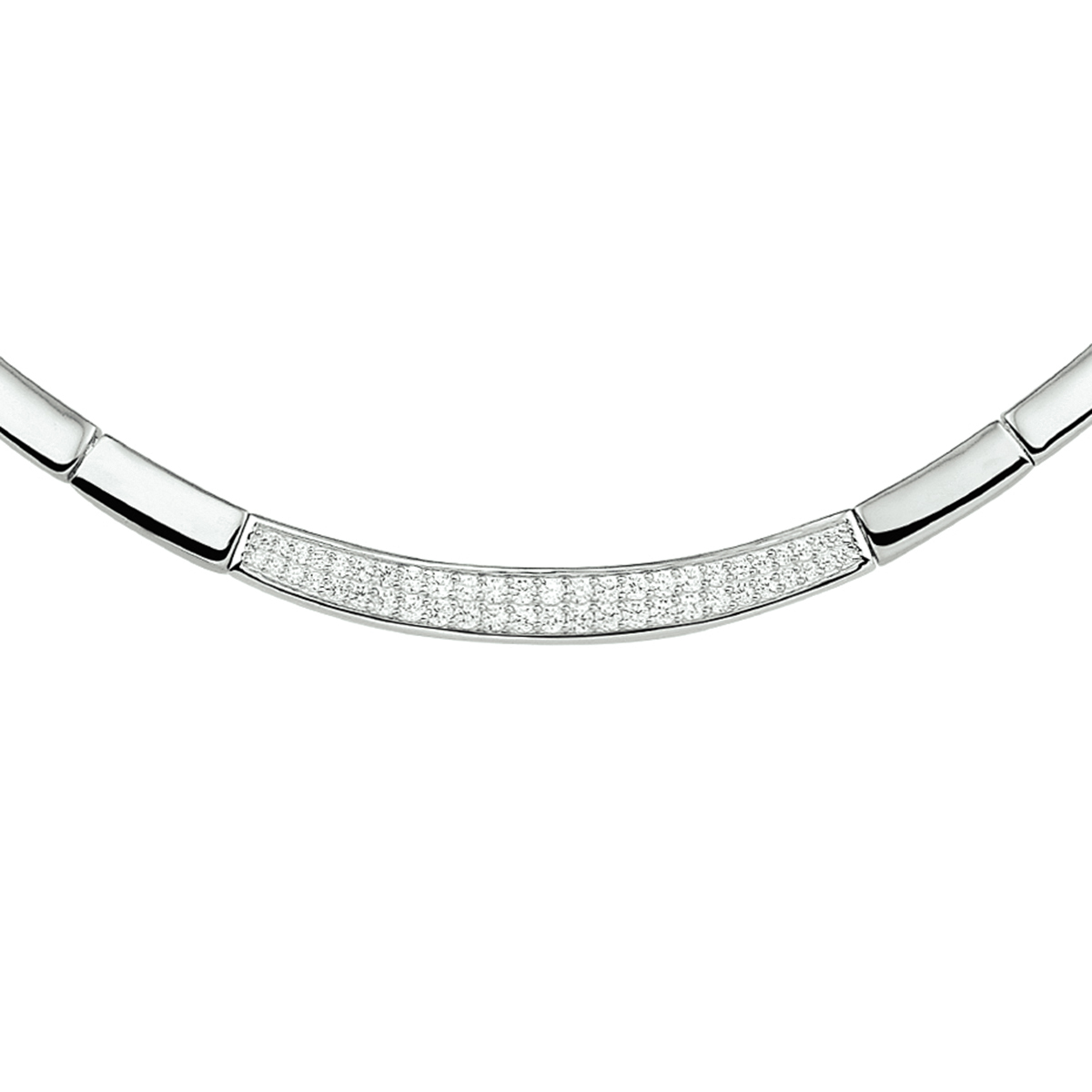 Gerhodineerd zilveren collier met een breedte van 6.5mm en een lengte van 43cm en een extensie van 3cm uitgevoerd met een luxe pave van briljant geslepen zirkonia.
