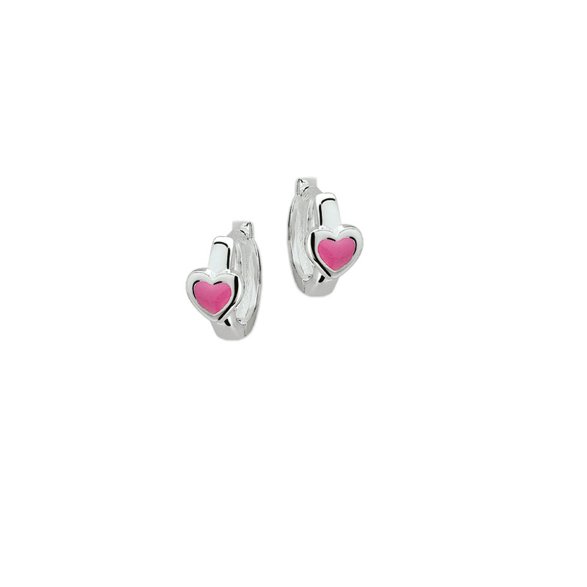 Gerhodineerd 925 zilveren klapoorringen uitgevoerd in de vorm van een hart voorzien van roze emaille. De klapoorringen hebben een afmeting van 11x5.5mm.
