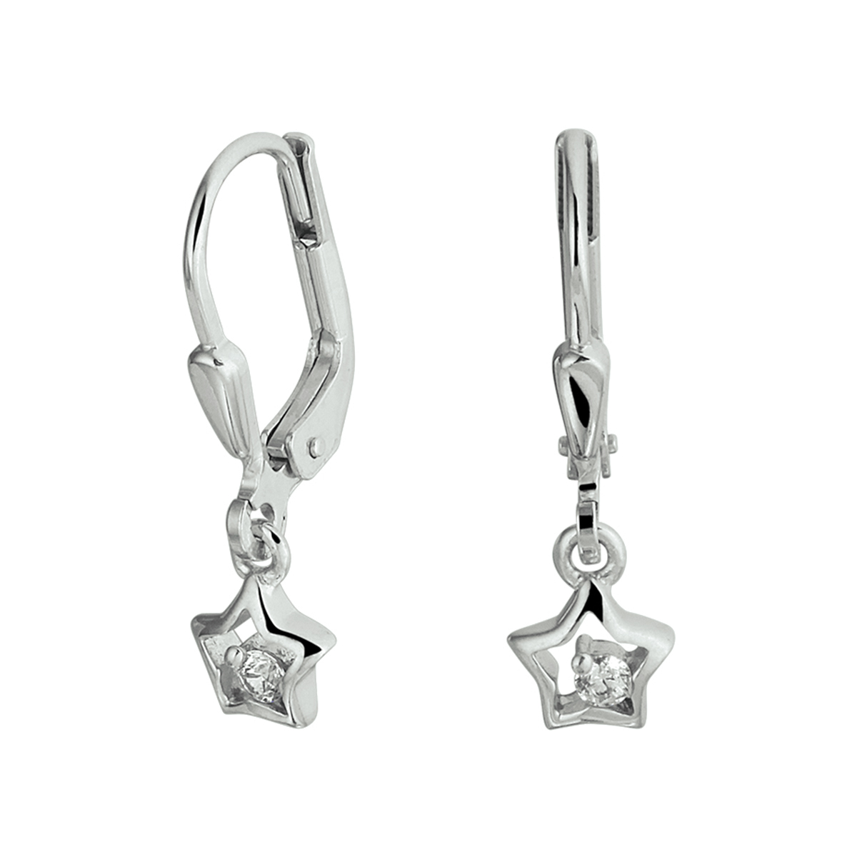 Gerhodineerd zilveren oorhangers uitgevoerd met een ster van 7.5x6.0mm en een heldere zirkonia. De oorhangers hebben een totale hoogte van 2cm.