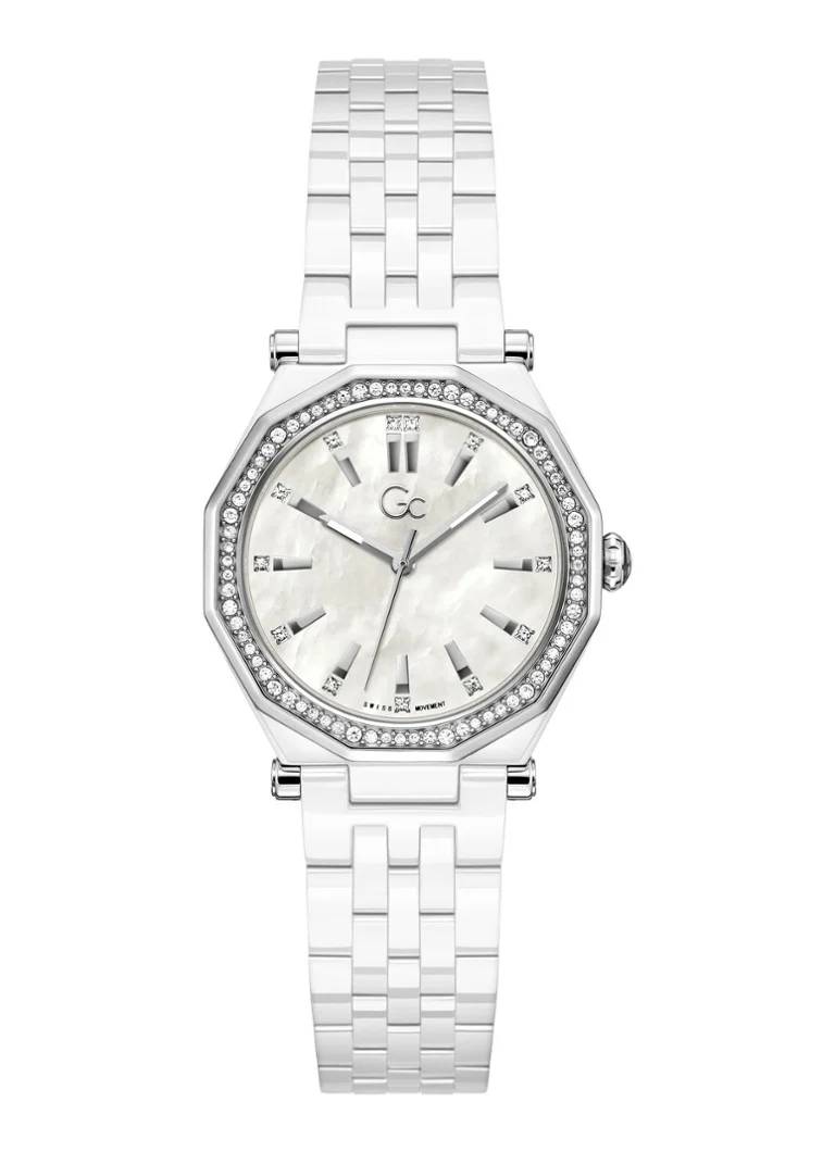 Z59003L1. Guess Collection dames horloge. Wit keramieken band en kast. Parelmoerkleurige wijzerplaat. 