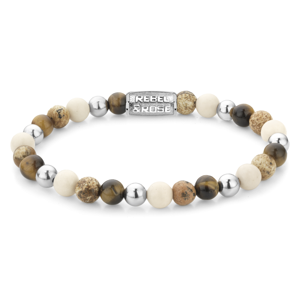 Natuurstenen armband van het merk Rebel & Rose. De armband heeft een hoogwaardige elastische stretch koord, 6mm Fossil, Jaspis en Tijgeroog natuurstenen beads en geelgoud plated RVS slotje