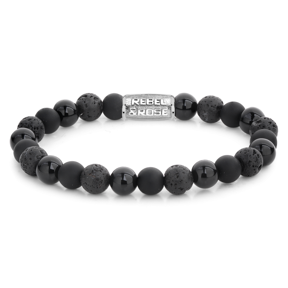 Armband van het merk Rebel & Rose. De armband heeft een hoogwaardige elastische stretch koord, met 8mm van Agaat, Onyx, Lavasteen.