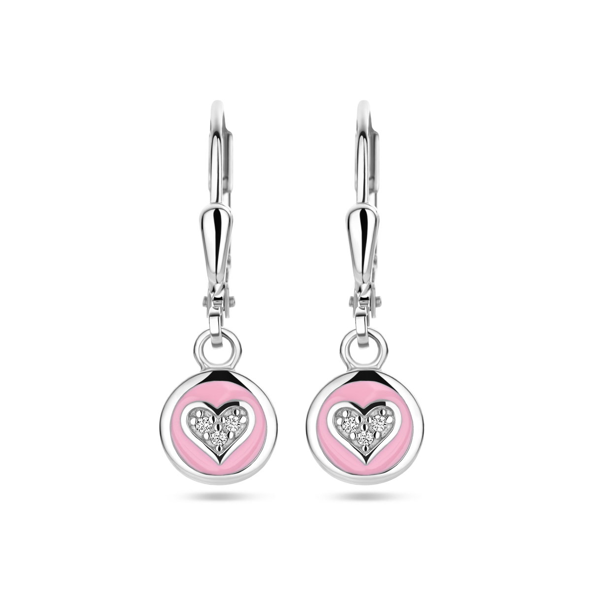 Gerhodineerd 925 zilveren oorhangers&nbsp;in de vorm van een cirkel van roze emaille met een hart van zirkonia.&nbsp;&nbsp;De oorhangers hebben een totale hoogte van 23mm.