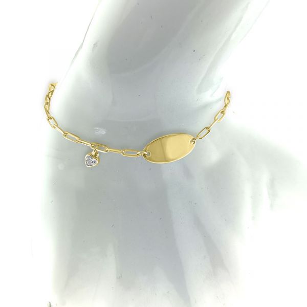 Zilveren vergulde armband graveerplaat met zirkonia hart bedel