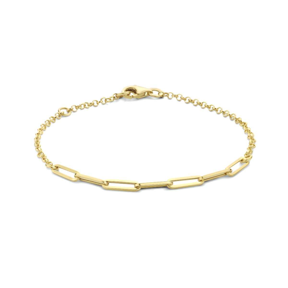 Gouden 14kt. armband met een paperclip schakel 3.5mm en een jasseron schakel van 2mm. De armband heeft draaglengtes van 17 en 19cm. Uitgevoerd met een karabijnslot.