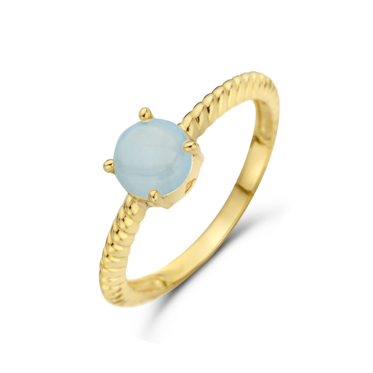 14k Geelgouden ring uitgevoerd met aquamarijn. De steen heeft een diameter van 6mm en is&nbsp;cabochon geslepen.