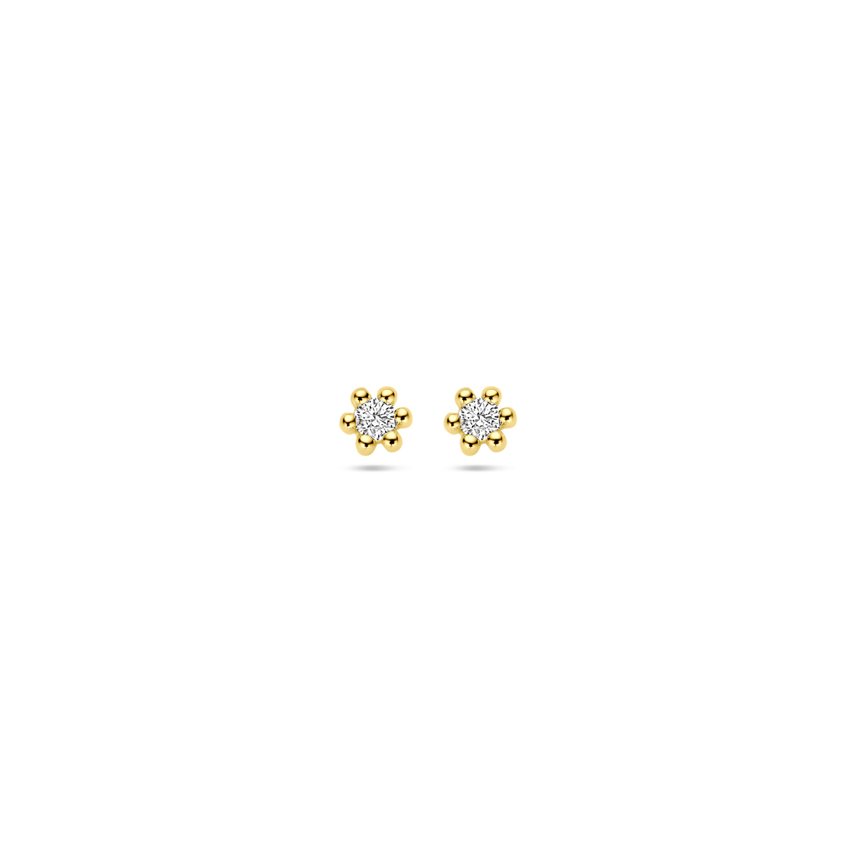 14k Geelgouden oorknoppen uitgevoerd met diamant. De oorknoppen hebben een diameter van 2.5mm. Het diamantgewicht is 0.04ct.