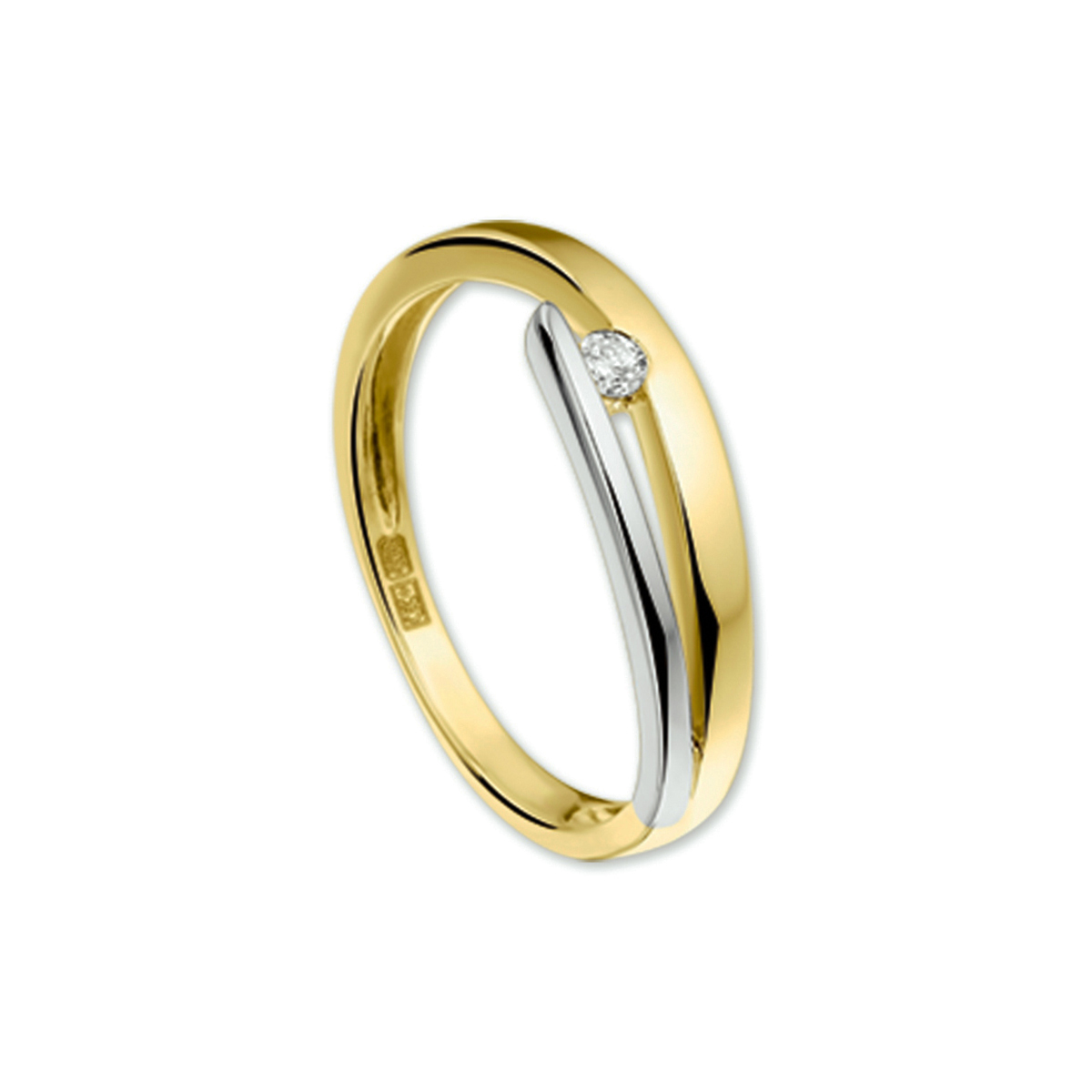 14kt. bicolor gouden ring met 0.05ct. (H-Si) diamant.