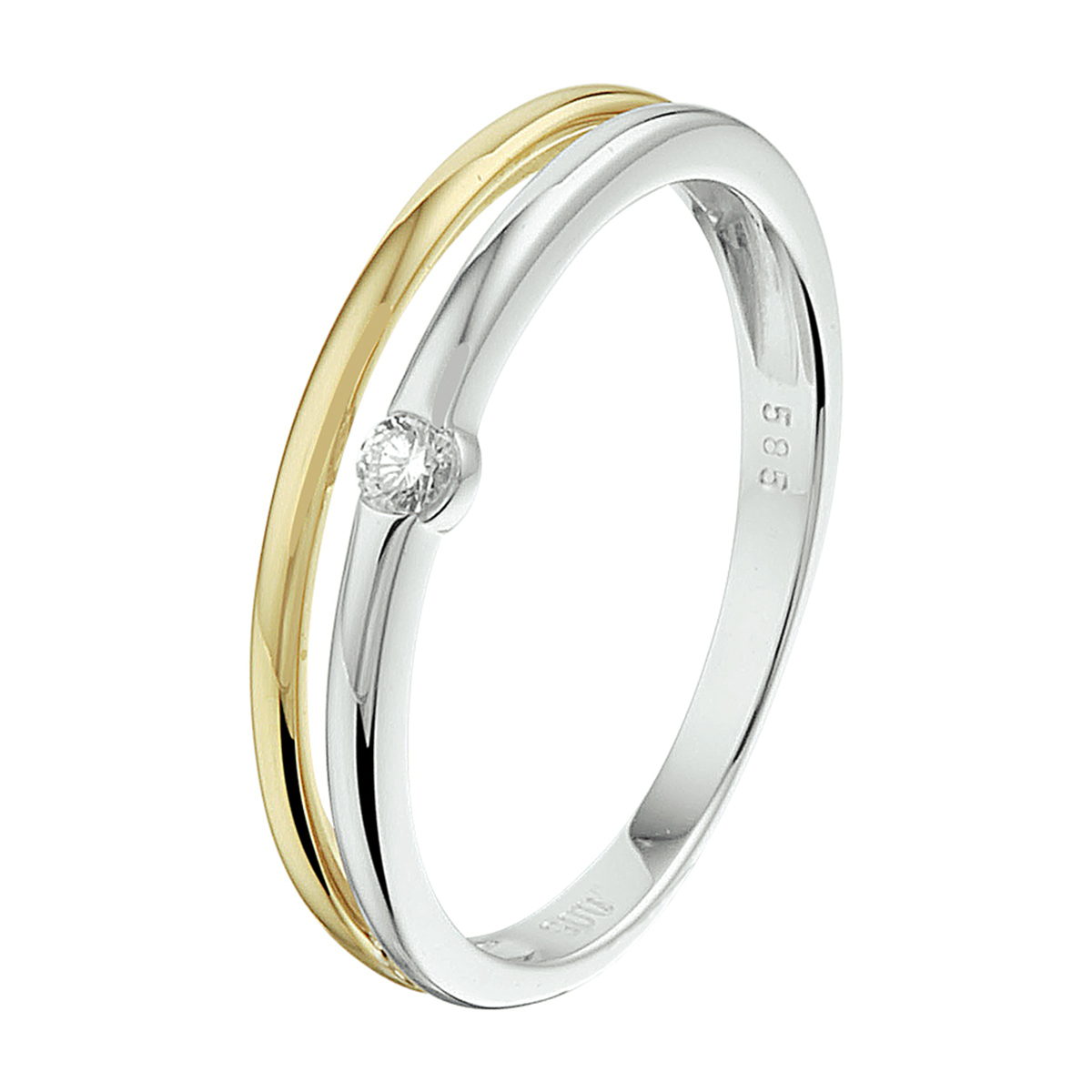 14k Bicolor geel- en witgouden ring uitgevoerd met een schitterende diamant. De ring heeft een breedte van 4mm.