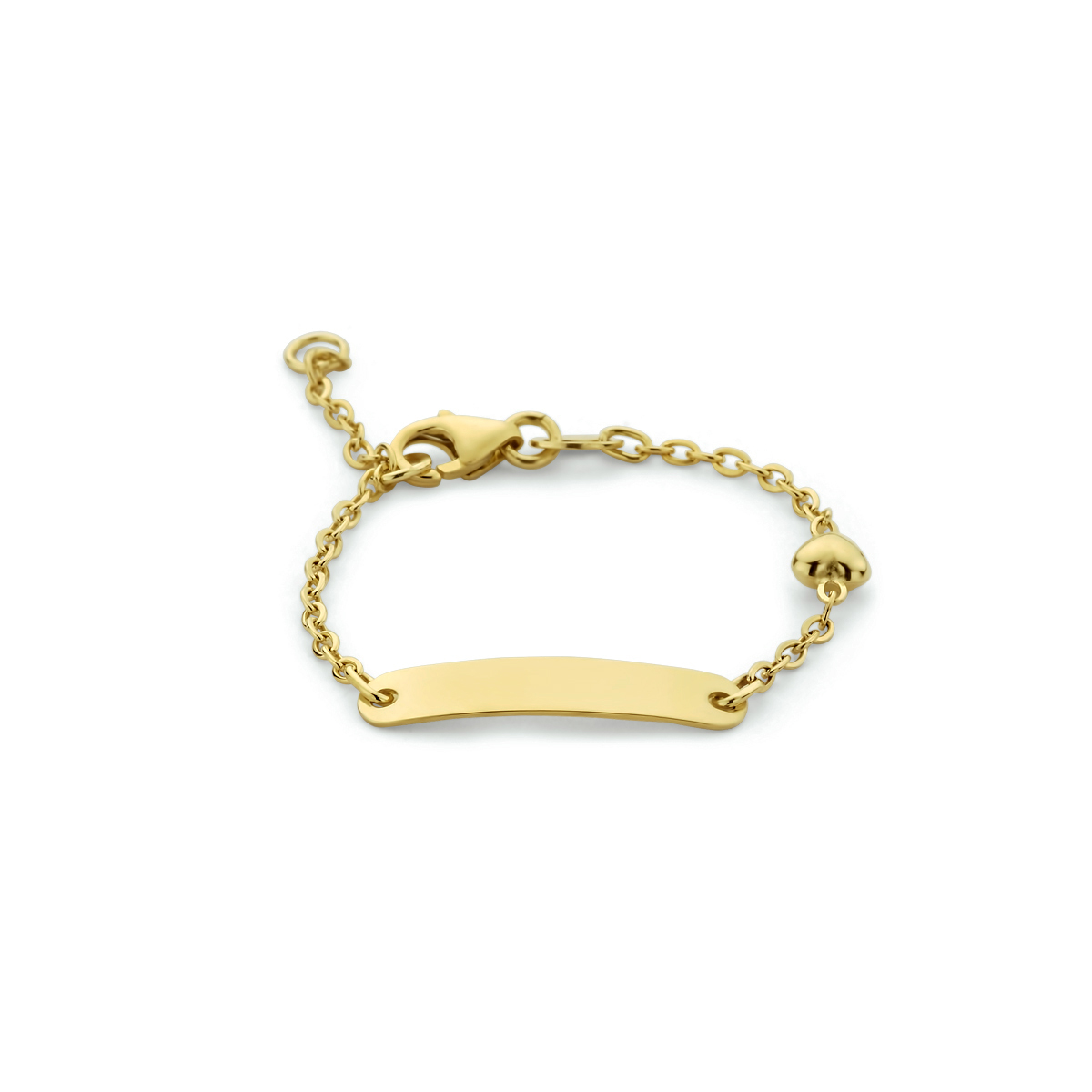 9k geel kleurig&nbsp;graveerarmband uitgevoerd met een hartje en een stevige karabijn sluiting. Het graveerplaatje heeft een afmeting van 4x20mm en een dikte van 0.5mm. De schakelbreedte is 1.5mm.