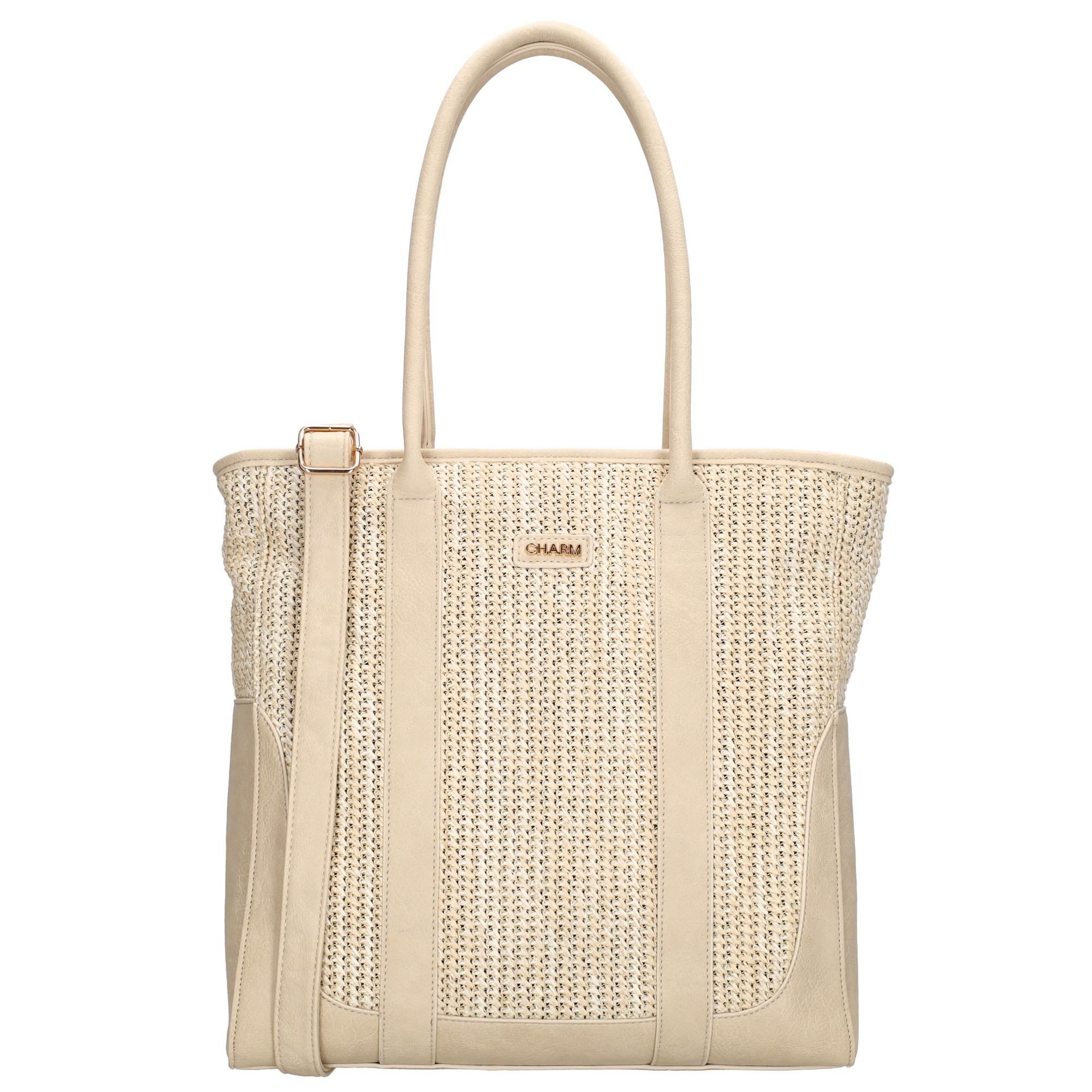 Deze stijlvolle shopper met raffia-look van Charm London is een echte blikvanger! Dankzij het ruime formaat en de praktische indeling is dit de perfecte tas voor dagelijks gebruik. De verstelbare en afneembare schouderband maakt het eenvoudig om de tas op jouw gewenste hoogte als crossbody te dragen. Binnenin vind je een handig ritsvak en een telefoonvak voor al je belangrijke essentials.

Kenmerken:
• Ritsvak aan de achterkant
• Raffia-look design
• Verstelbare en afneembare schouderband
• Ritsvak aan de binnenkant
• Telefoonvak