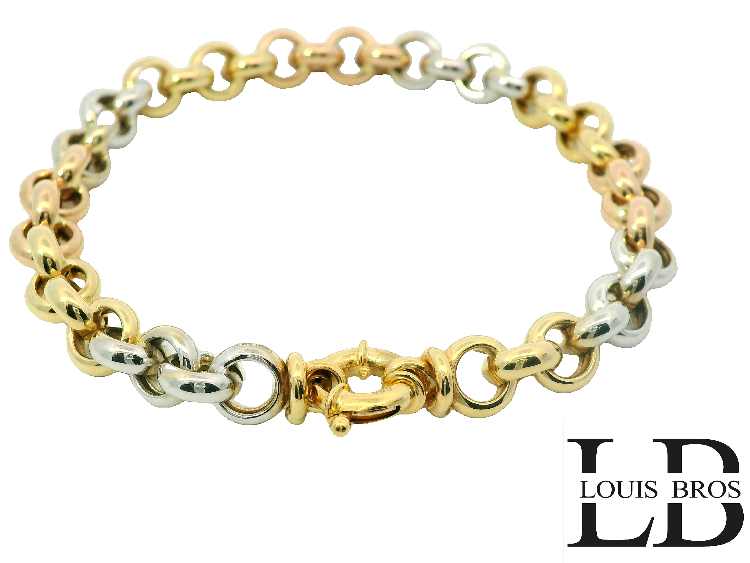 Deze prachtige tricolor gouden jasseron armband(13.73 gr) is een echte blikvanger. Gemaakt van 14 karaat goud, combineert deze armband elegant geelgoud, witgoud en roodgoud, wat zorgt voor een stijlvol en speels kleurcontrast.

Het klassieke jasseron design, met verfijnde ronde schakels, geeft de armband een tijdloze en chique uitstraling. Dankzij de stevige sluiting zit de armband comfortabel en veilig om de pols, perfect voor dagelijks gebruik of als luxe accent bij een speciale gelegenheid.

Een tijdloos en veelzijdig sieraad dat elke outfit compleet maakt!
