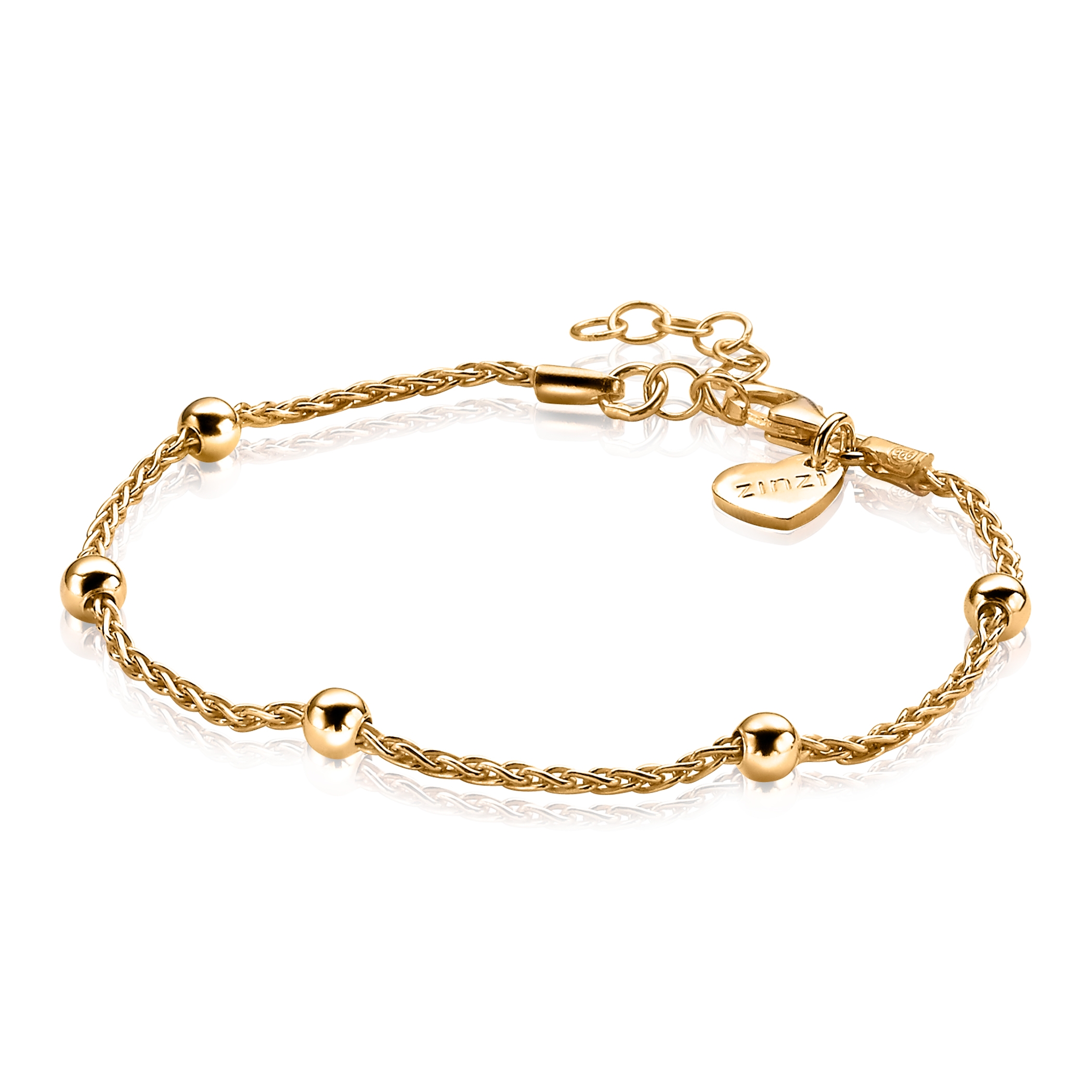 ZINZI zilveren geel vergulde armband met popcorn schakel en vijf zilveren beads. Met herkenbaar ZINZI hartje bij de sluiting. De lengte is te variëren tussen 17,5 en 20,5cm. Ook verkrijgbaar in geheel zilver of rosé verguld. Perfect te combineren met elkaar. Vervaardigd van eerste gehalte zilver (925) en extra geel verguld.