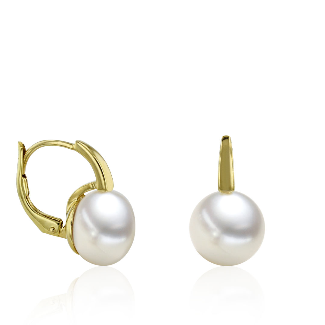 Huiscollectie - 14kt geelgouden zoetwaterparel oorhaken, bouton wit 8.5/9.5mm